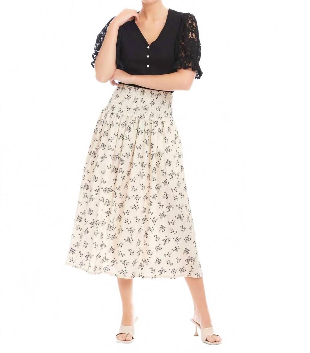 NEW FIFTEEN TWENTY rhea smocked waist skirt in cream/black print